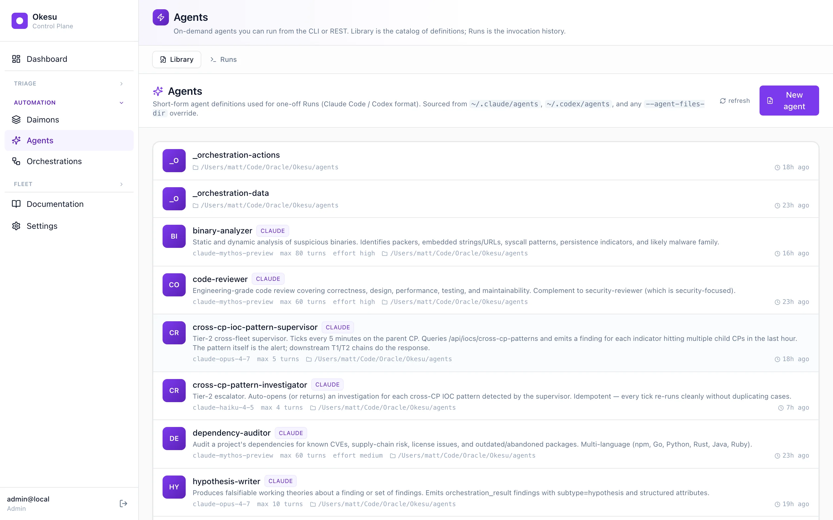Agents page in the Okesu Control Plane — list of authored agents with provider badges, descriptions, and source paths.