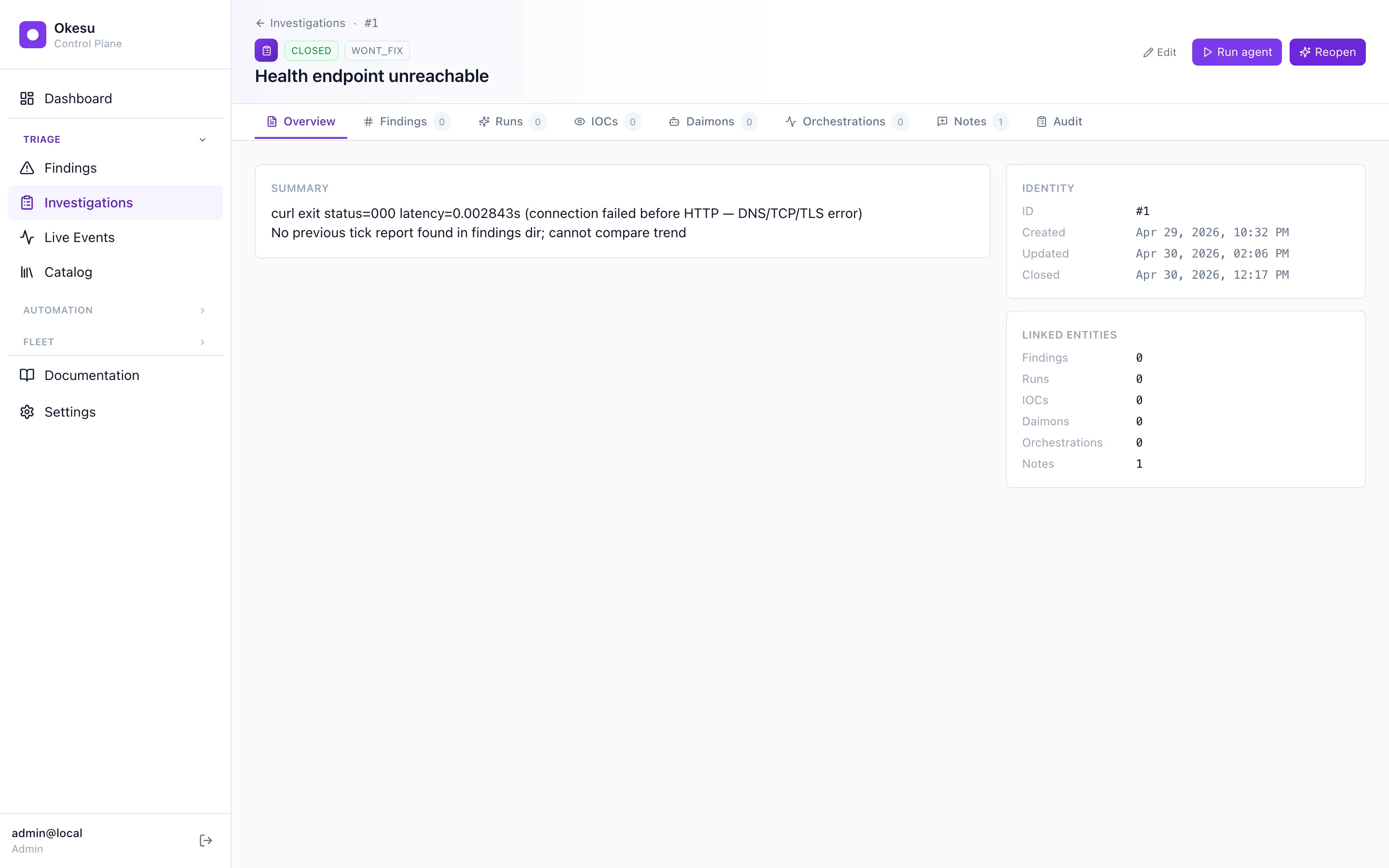 Investigation detail — header with status, six tabs (Overview, Findings, Runs, IOCs, Daimons, Orchestrations, Notes, Audit), summary, and identity panel.